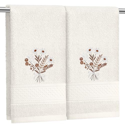 SmoothNovelty 2 Pcs Boho Flowers Hand Towels Beige Bathroom Wildflowers Decor 14x29 Inch Embroidered 100% Cotton Soft Absorbent Spring Summer Decorative Hand Towels for Bathroom Kitchen