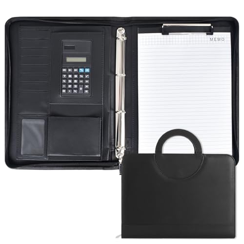 Colexy Carpeta de Conferencia A4, Portadocumento Piel con Cremallera, Doble Asas Magnéticas, 9 Ranuras para Tarjeta, con Calculadora, Carpeta de Anillas, Bolsillo para Documentos, Bloc de Notas