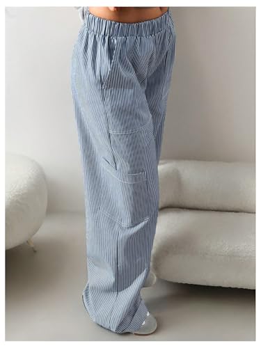 MakeMeChic Women's Elastic Waist Striped Pants Wide Leg Baggy Trousers with Pocket3