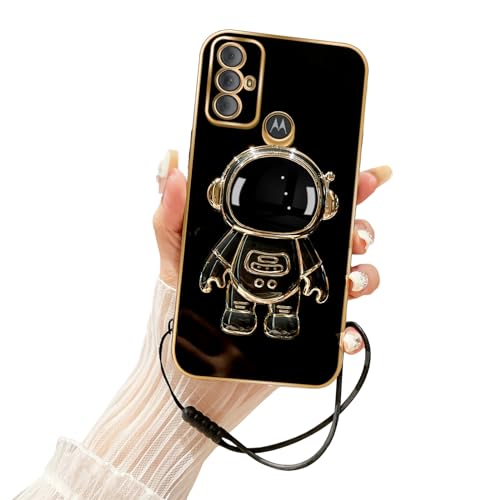 Tesazxcn for Motorola Moto G Pure Case with 6D Plating Astronaut Hidden Stand and Lanyard Strap Soft Shockproof Protective Cover Luxury Case for Moto G Play 2023 Phone Case - Black