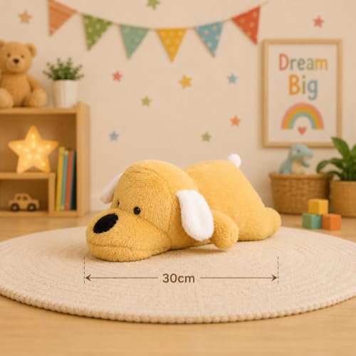 Image of Plush Brown Dog Stuffed Animal, Soft Sleeping Puppy Toy with White Ears