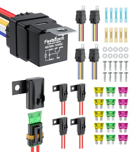 FASTSTORM 5 Pack 5-Pin Waterproof Relay Kit 40/30 AMP 12V Relay Switch with Harness Heavy Duty 12&16 AWG Tinned Copper Wires with 5x20A/30A/40A Inline Fuse SPDT for Automotive Car Marine Boat