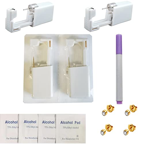 Trrut 4 Pcs Disposable Ear Piercing Gun,Self Ear Piercing Gun Kit with Earrings, Piercing Supplies,Marker Pen(Gold)