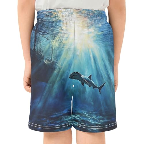DOMIKING Ship Shark Blue Kids Shorts Pull-on Boys Shorts with Elastic Waist Casual Athletic Pants for Outdoor Summer3