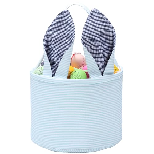 Image of Easter Bunny Basket Seersucker Egg Bags for Kids,Personalized Candy Egg Basket Rabbit Print Buckets with Fluffy Tail Gifts Bags for Easter