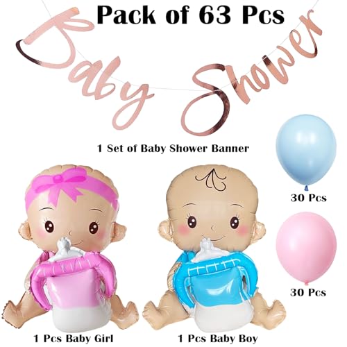 Image of Rozi Decoration Baby Shower Party Decor Set with Foil Banner, Girl & Boy Balloons, Pink Blue Latex Assortment, Celebration Backdrop Kit Pack of 63