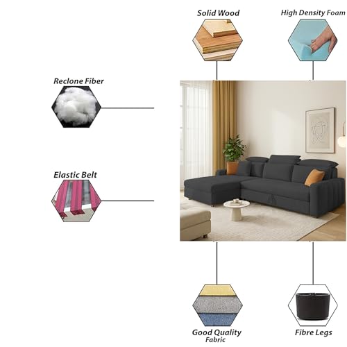 Image of Casaliving Gagnon LHS 4 Seater L Shape Corner Sofa Cum Bed for Living Room (Black Fabric) Premium Fabric Sofa