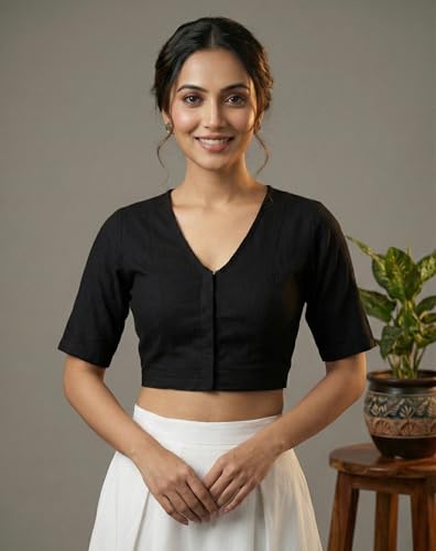 Image of Yash Gallery Women's Stretchable Rayon Lycra V-Neck Short Sleeve Front Open with Hook Stylish Crop Blouse Top for Ethnic Beige Designer Festive Choli Blouse