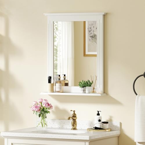 CHARMAID Bathroom Mirror with Shelf - 27' x 22.5' Wall Mirror Over Bathroom Sink, Wooden Frame Modern Rectangular Hanging Vanity Makeup Mirrors for Washroom, Entryway (White,27' L x 22.5' W)