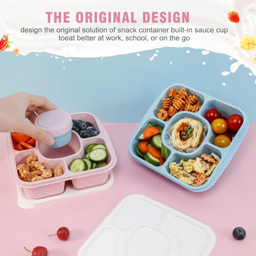 Original Lunchable Snack Containers - 5 Compartments Bento Snack Boxes with 1 Leakproof Small Containers, Wheat Straw, BPA-Free, Set of 2 (Bule+Pink) #3