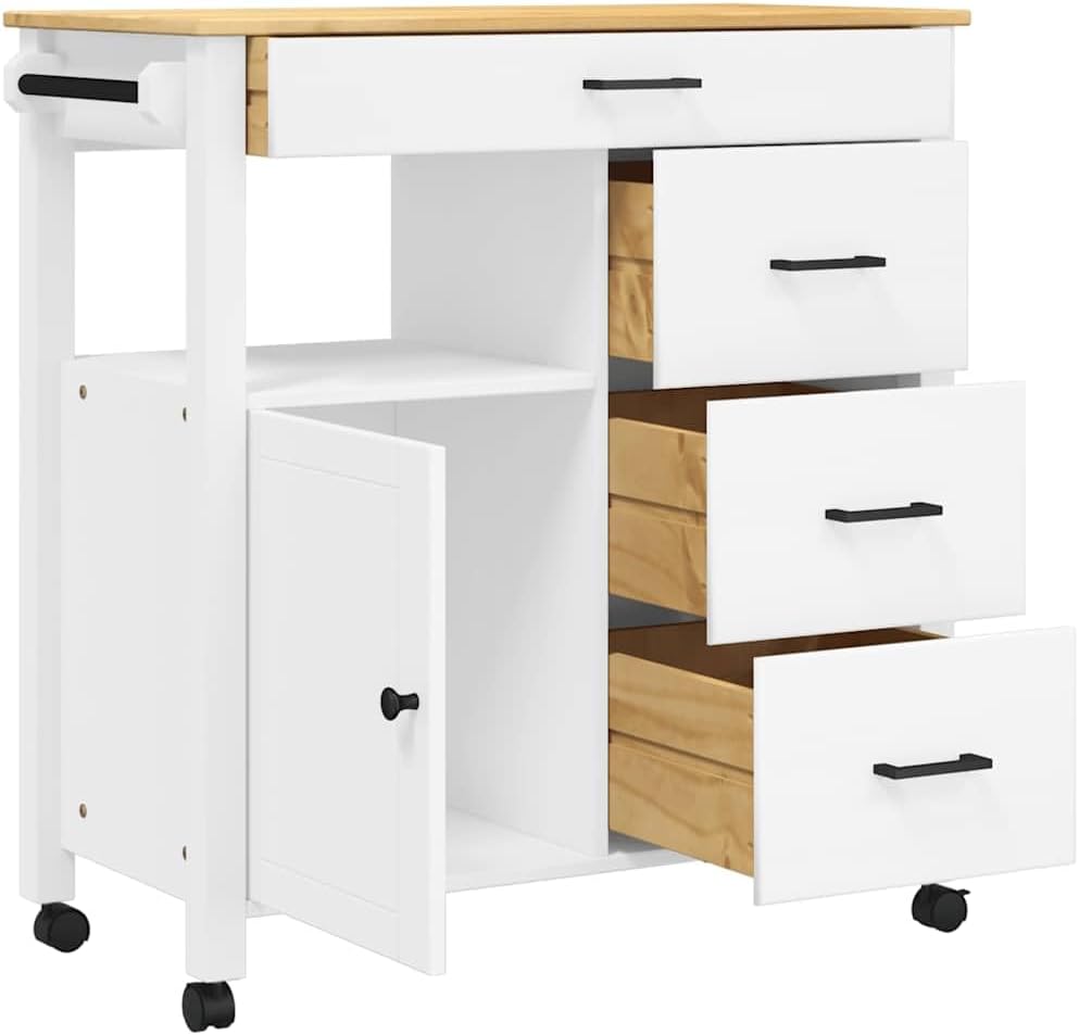 Kitchen Trolley Monza Solid Pine Wood Rolling Kitchen cart 33.1"x15.7"x34.8" with 4 Drawers and Door Kitchen Storage cart with Wheels for Dining Utility and Food use