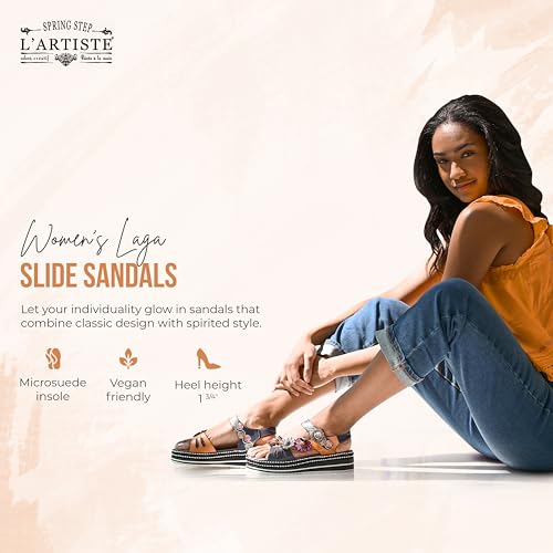 Spring Step L'Artiste Women's Laga Slide Sandal – Premium Hand Painted Leather Footbed Flexible Sole – Teardrop Cutout Circular Buckle, Arch Support Stylish Design4