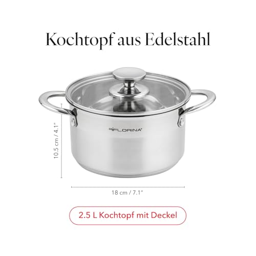 FLORINA Edelstahl Topf 2,5 l 18 cm Durchmesser I Energiesparender Kochtopf FALCON I Topf mit Glasdeckel und Messskala I 3-lagiger Boden gleichmäßige Wärmeverteilung I Ideal für alle Herdarten 3