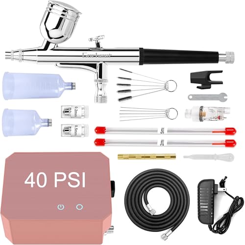 Gocheer Airbrush Kit with Air Compressor, 40 48 PSI High Pressure Air Brush Non-Clogging with 0.2/0.3/0.5mm Nozzle/Cleaning Sets, Ideal for Painting, Modeling, Cake Decor, Makeup (Pink, 40 PSI)