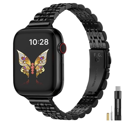 Image of Fullmosa Slim Metal Band for Apple Watch 42(S10 /11) 41 40 38mm, Black | Steel Replacement Strap for iWatch SE 3 /2 /1 Series 9 /8 /7 /6 /5 /4 /3 2 /1 Women (NO WATCH)