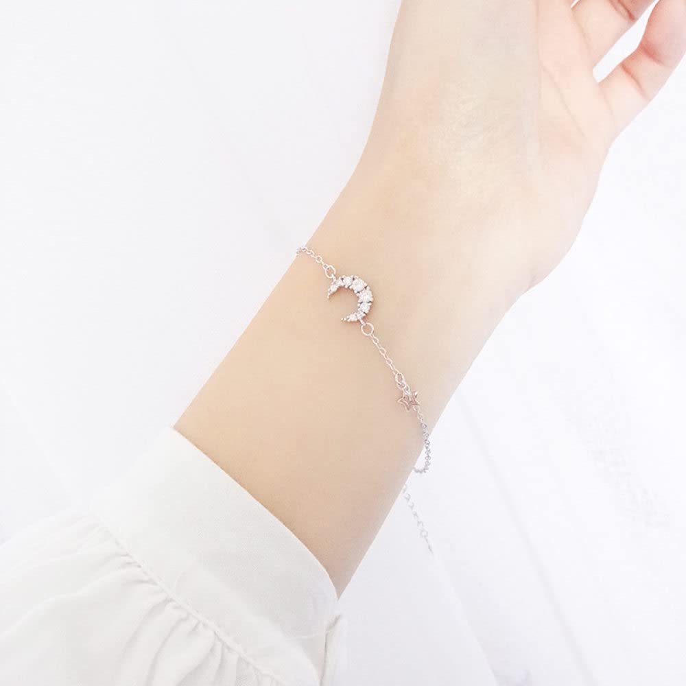 LYGXWJFC Bransoletki dla kobiet, S925 Sterling Silver Bangle Star Moon Cyrkon Charm Bransoletka Dainty Silver Bransoletki Biżuteria nieskończoności Dla kobiet Dla dziewczynek