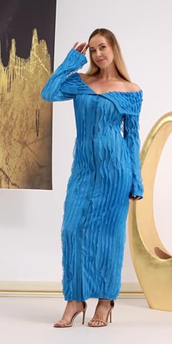 Image of Aro Lora Womens Sexy Off Shoulder See Through Pleated Button Down Slit Bodycon Maxi Dress