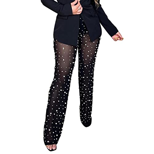 XZLUFNY Women Mesh Sheer See Through Bead Pants Elastic High Waist Flare Long Legging Trouser
