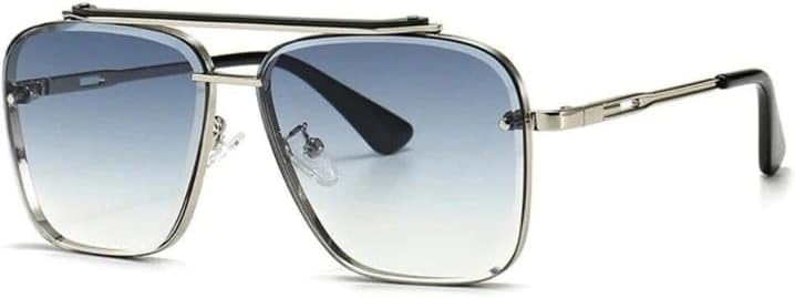 Square Sunglasses with Top Bar, Silver Metal Frame, Blue Gradient Lenses