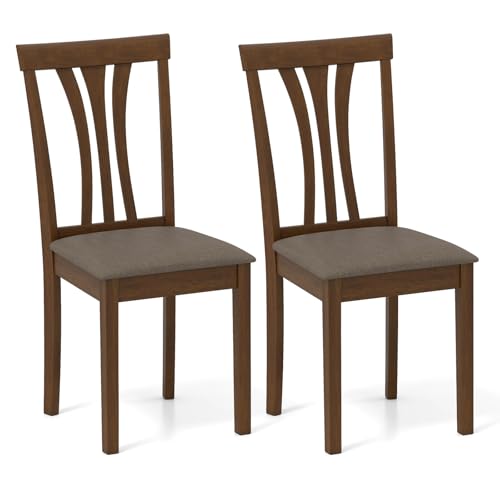 Image of Giantex Wooden Dining Chairs Set of 2, Linen Fabric Upholstered Kitchen Armless Chair w /Rubber Wood Frame, Padded Seat, High Curved Back, Farmhouse Accent Side Chairs for Living Room (Brown+Gray)