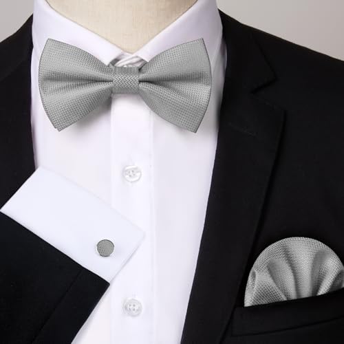 Image of HISDERN Mens Plaid Bow Tie Set Pocket Square and Cufflinks Bowtie | Pretied Bowties Design for Easy Wear,Check Pattern,Matching Handkerchief Cuff Link,3PCS Set Wedding Formal Party Groom Prom