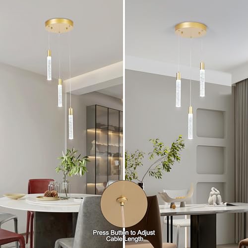 Image of 3 Light Pendant Lights,LED Bubble Crystal Pendants with Dimmable,Gold