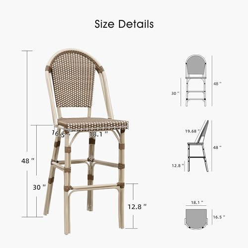 Image of PURPLE LEAF French Bar Stool Set of 2 White Print Finish Patio Bar Stools with Back Rattan Chairs Wicker Bar Height Stool 30 inch with Footrest Kitchen Island Stools Outdoor Barstool Brown