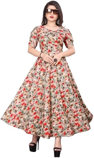 Zayn Enterprise Women’s Crepe Flared Flower Printed Dress | Stylish Round Neck Short Sleeve Casual Wear Dress