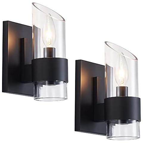 WUZUPS Set of 2 1-Light Bathroom Wall Light Fixture Over Mirror Class Shade Morden Vanity Scones for Bathroom Bedroom Living Room, E12 Base, Black Cover