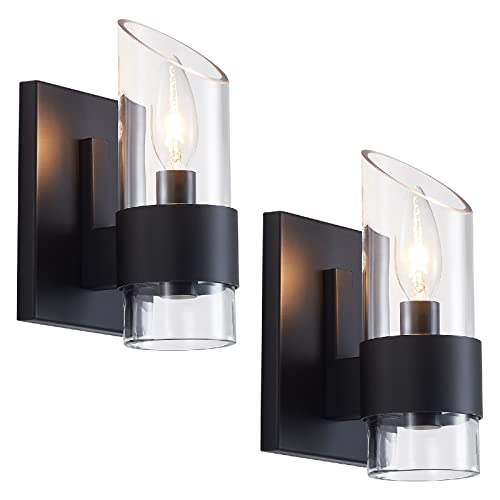 Image of WUZUPS Set of 2 1-Light Bathroom Wall Light Fixture Over Mirror Class Shade Morden Vanity Scones for Bathroom Bedroom Living Room, E12 Base, Black