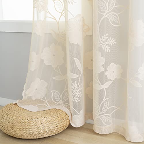 Rideaux en dentelle beige transparents 137 cm avec motif floral brodé vintage en tricot de rose - Rideaux semi-transparents à feuilles rétro chic campagnard...