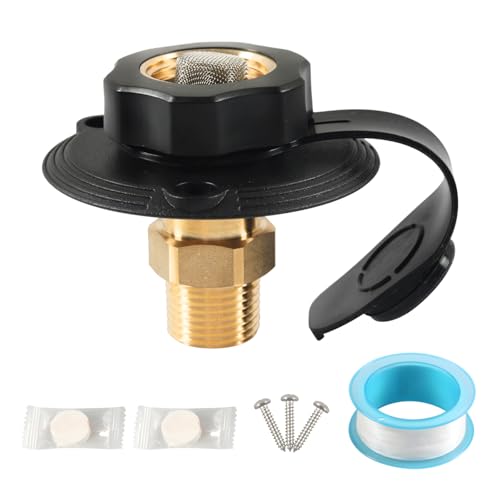 Image of RV City Water Fill Inlet with Check Valve, 3 /4 NH Female to 1 /2 NPT Male RV Water Hose Flange Brass Connector Replacement for RV Camper Motorhome Trailer Marine Black