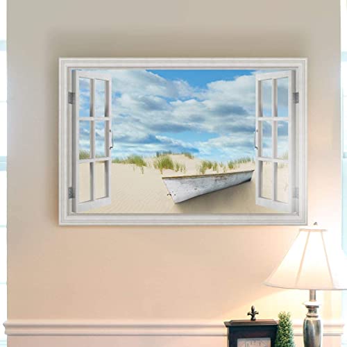 Renditions Gallery Canvas Wall Art Window View Of Abondoned Rustic Boat On Sandy Beach Wall Hanging Artwork For Living Room Office Kitchen Decor - 18"X27" Lt04 #TOP2