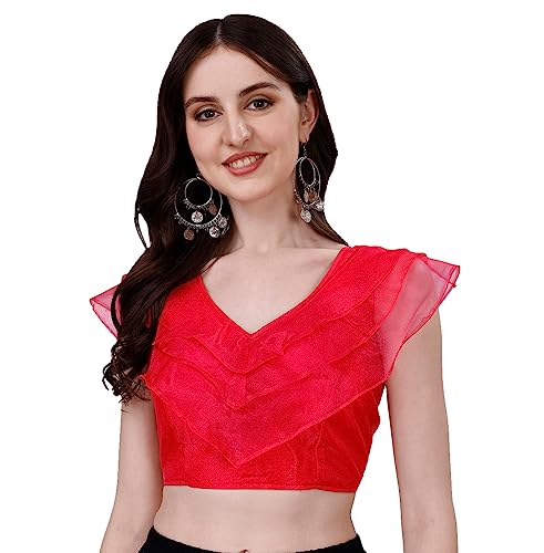 Image of Pujia Mills Women's V Neck Orgenza Three Layer Ruffle Sleeve Frill Readymade Saree Blouse