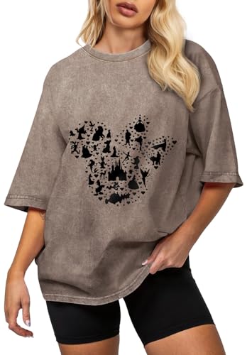 Flafens Oversized Washed Vintage Retro T Shirts for Women - Womens Graphic Tees Cotton Cute Cool Tshirts Teens Girls Boys Cartoon Design, Medium