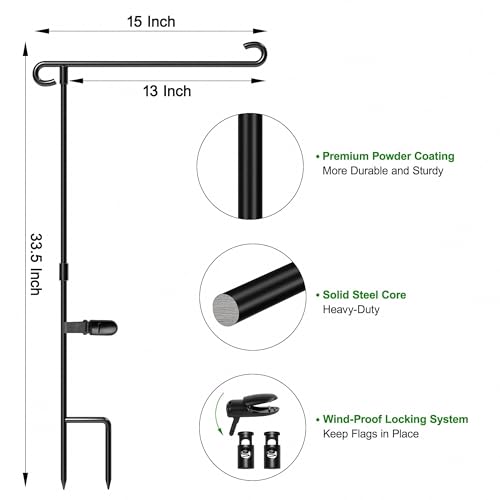 Image of HOOSUN Garden Flag Stand Holder Pole Easy To Install Strong Sturdy Wrought Iron Fits 12.5 inch x 18 inch Mini Flag with 1 Tiger Clip Curved Hook With S Type (3 Pack)