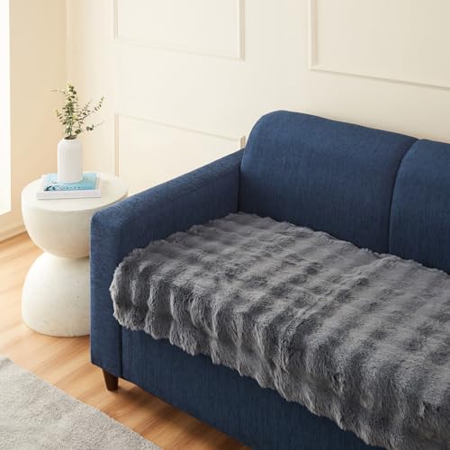 Image of Amazon Basics Plush Velvet Sofa Cover for Two Seater, Bubble Surface, Non-Slip Sofa Pad, 70x120 cm, Soft Silicone Grip Dots, 100% Polyester, Machine Washable - Dark Grey