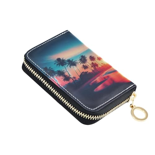 WELLDAY Porta-cartões minimalista de couro com zíper e palmeiras de praia, pôr do sol, palmeiras e porta-cartões – Estojo pequeno com bloqueio de RFID e bolsa para moedas