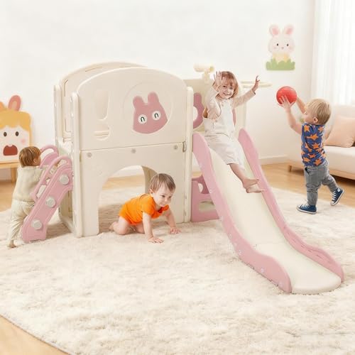 5-in-1 Kids Slide with Basketball Hoop & Storage Basket - Toddler Slide Set for Ages 1-3, Indoor/Outdoor Safe Playset, Non-Slip Climber(Pink)