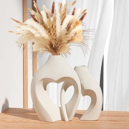 Jarrones de cerámica blancos para decoración, juego de jarrones con forma de corazón de 2 piezas, jarrón decorativo de cerámica estilo boho para el hogar, sala de estar, oficina, decoración de la casa