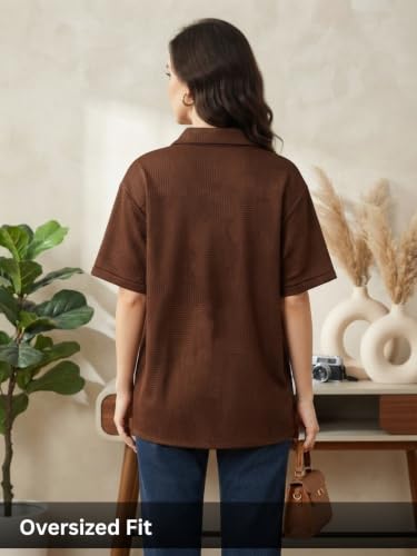 Image of Leriya Fashion Shirts for Women | Cuban Collar Textured Half Sleeve Button-Down Casual Shirt | Relaxed Fit Shirt Everyday Office Wear & Vacation Wear