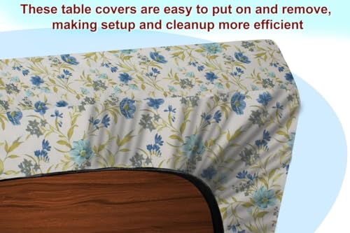 Image of The Furnishing Tree Elastic Cotton Rectangular Center Table Cover 24x36 in Inches Floral Blue Leaf on offwhite Base
