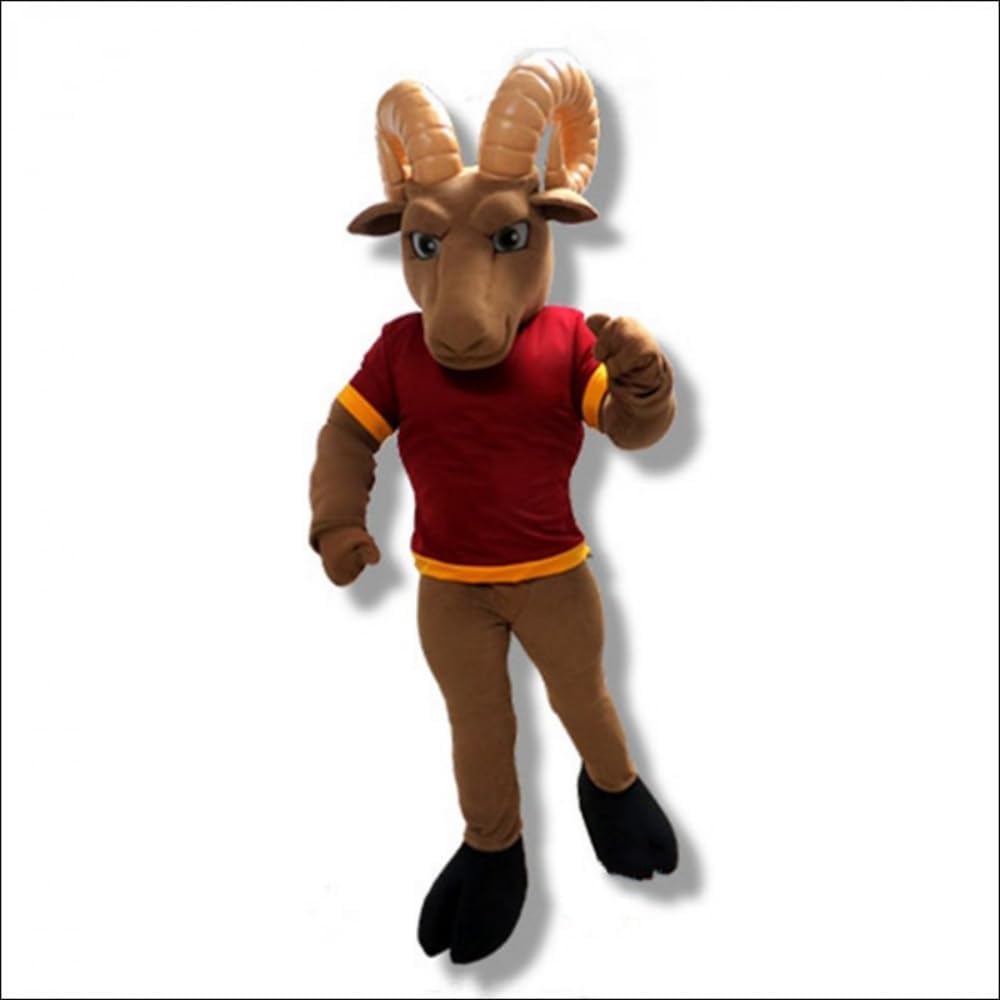 Strong Ram Mascot Costume in Red Shirt Adult Size for Men & Women with Built-in Fan Inside the Head