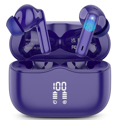 Wireless Earbuds, Bluetooth 5.3 Headphones in Ear with HiFi Stereo Deep Bass, 4 ENC Noise Cancelling Mic Wireless Earphones 40H Playtime, Bluetooth Earbuds Dual LED Display, IP7 Waterproof, Navy-Blue