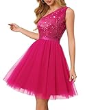 BeryLove Sequin Formal One Shoulder Homecoming Dresses for Teens Women's Sparkly Short 80s Prom Cocktail Party Tulle Glitter Dress 2025 Hot Pink M