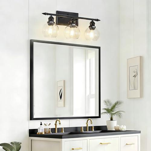 Image of 3-Light Bathroom Light Fixtures Matte Black Vanity Light Over Mirror Modern Vanity Lighting with Clear Glass Globe Vintage Wall Sconce for Kitchen Living Room Hallway Bedroom