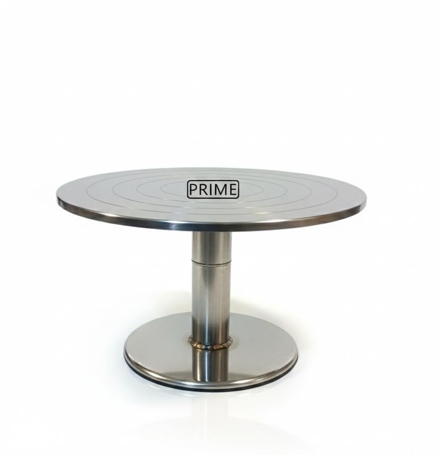Image of Prime Bakers and Moulders Professional Bakeware Stainless Steel Cake Decorating Turntable, Round Display Stand with 360-Degree Rotating Base, Silver, Metal, Smooth Finish, Anti-Slip Base (10 Inch)