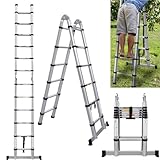 A Frame Aluminium Telescopic Ladder, 3.8M/12.5FT, Multi-Purpose Folding, Extendable, Adjustable Height, Portable, Foldable for Decorating, Painting
