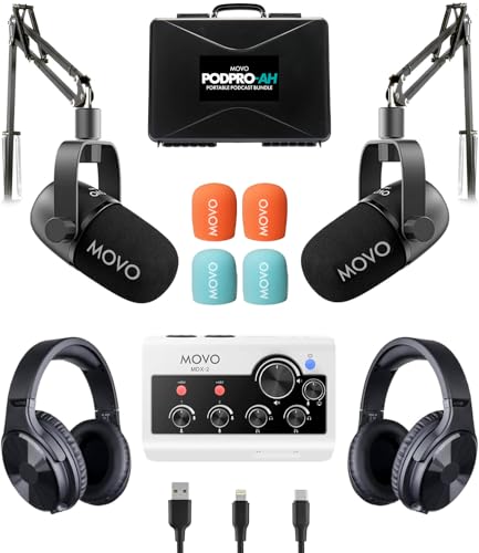 Movo Portable Podcast Equipment Bundle for iPhone/Android Phones- Podcast Kit with Audio Interface, 2 CastMic Dynamic Mics, 2 Headphones, 2 Boom Arms - for Smartphones, Computers, PC and Mac