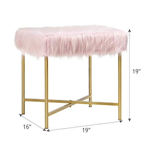 Giantex Ottoman Footrest W/Padded,Luxurious Faux Fur Covered Seat And Gold Metal Base For Living Room, Bedroom Square Ottoman (Pink) #TOP6